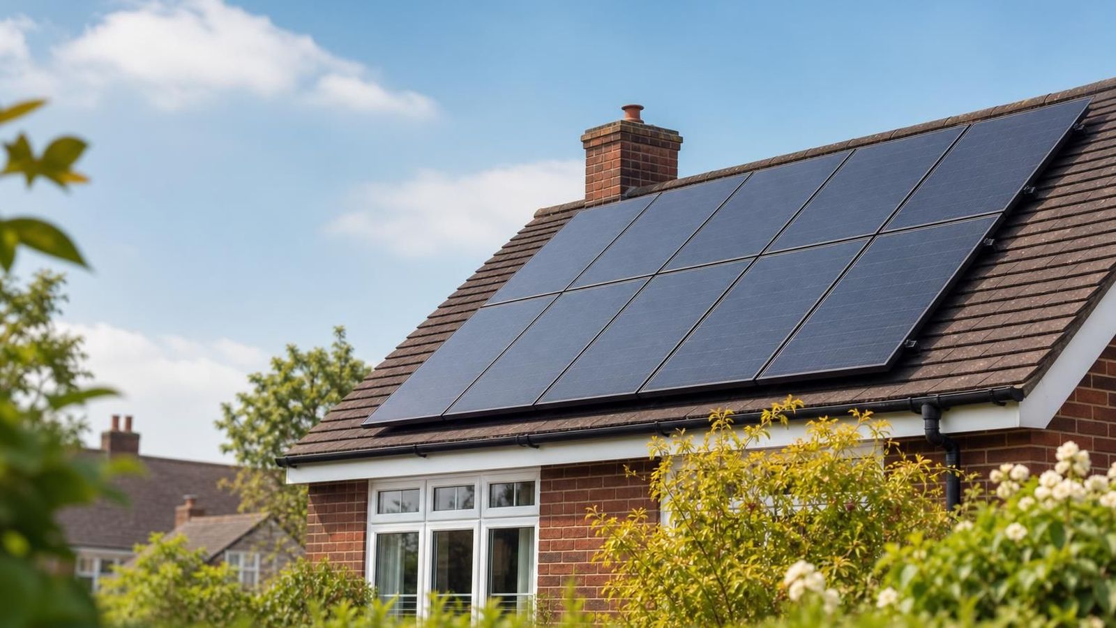 Solar panels on a UK house roof with clear sky