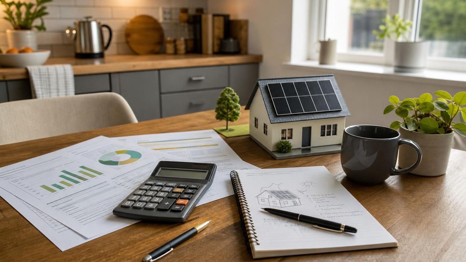 Household energy bill with calculator and solar planning notes